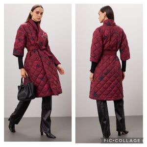 Hutch Mason Quilted Burgundy Floral Duver Trench Coat Size XS